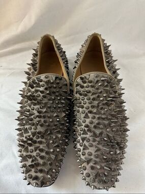 Christian Louboutin Taupe Spike-Embellished Slip-On Loafers